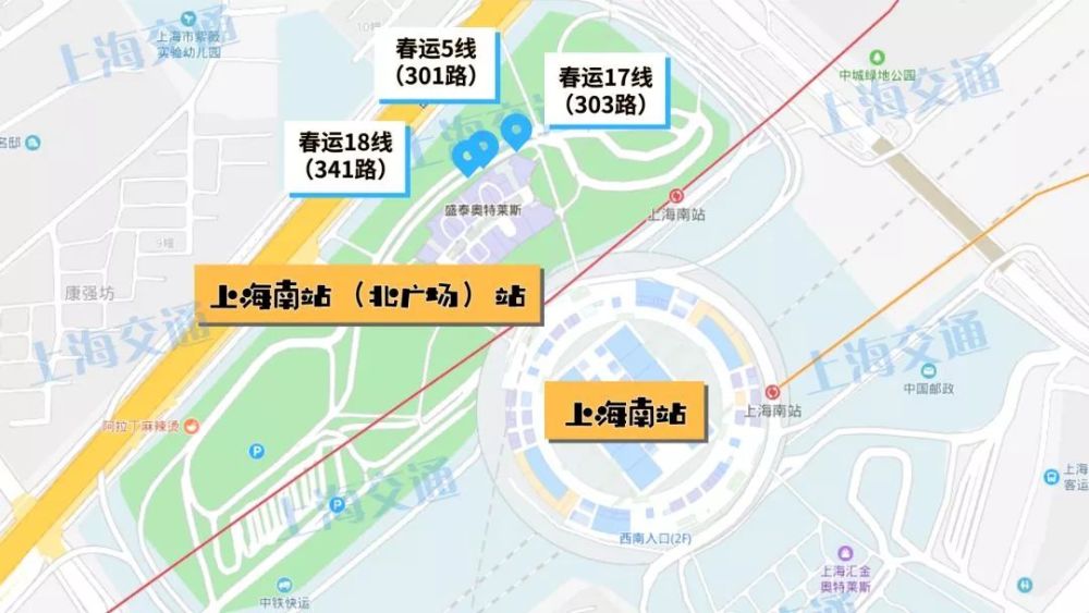 上客点示意图 上海南站北广场 春运5线:上海南站北广场～上海火车站南