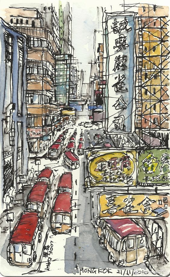 绘画-速写下拥挤的香港街头