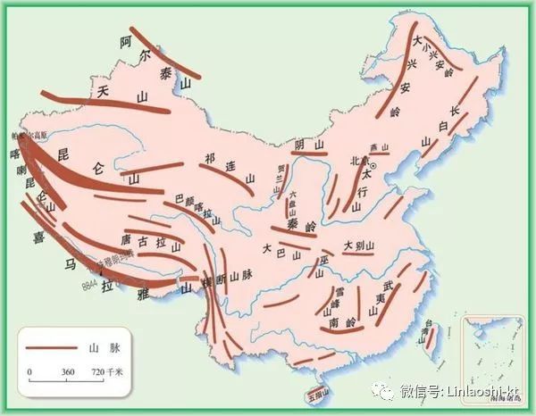 山地,丘陵,崎岖的高原统称山区(2/3);纵横交织的山脉构成了我国地形的