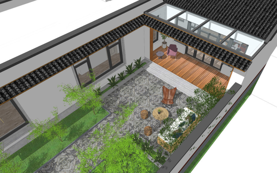 北京乡村设计新中式一层平房,室内设计结合采光,庭院景色搭配