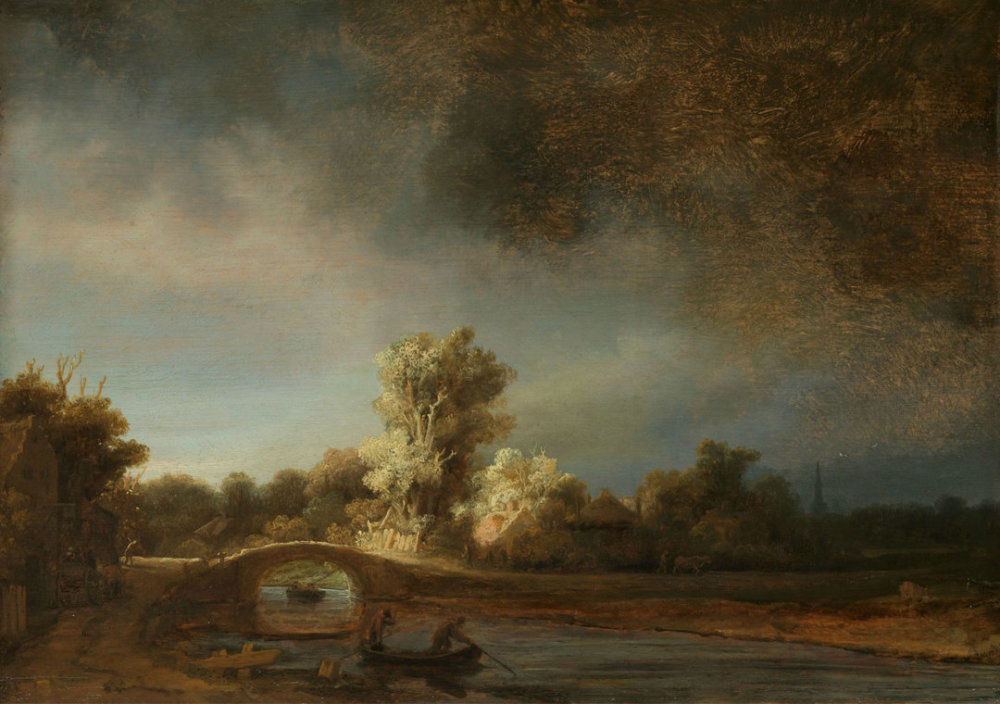 landscape with a stone bridge, rembrandt van rijn, c.