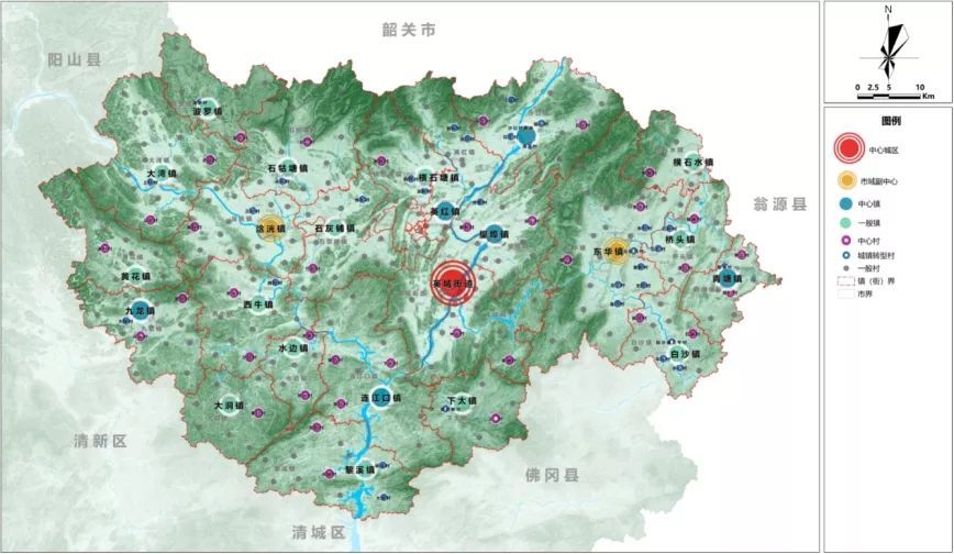 英德市市域乡村建设规划:1个主中心,2个副中心城镇,6个中心镇和14个