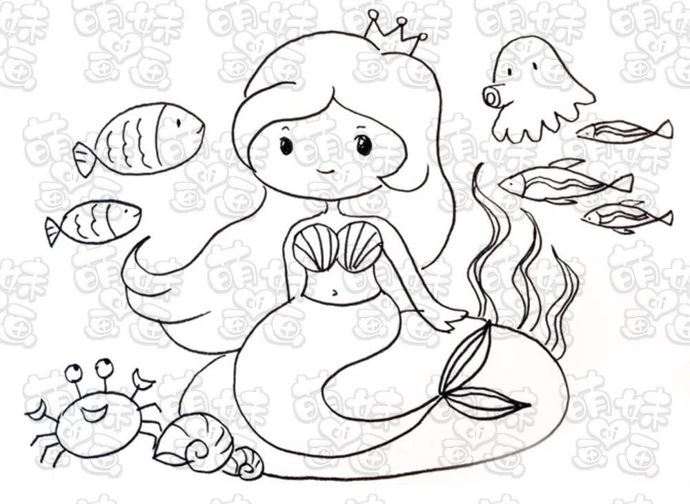 童话故事简笔画 神秘海底世界里的美人鱼公主,涂上漂亮的颜色吧