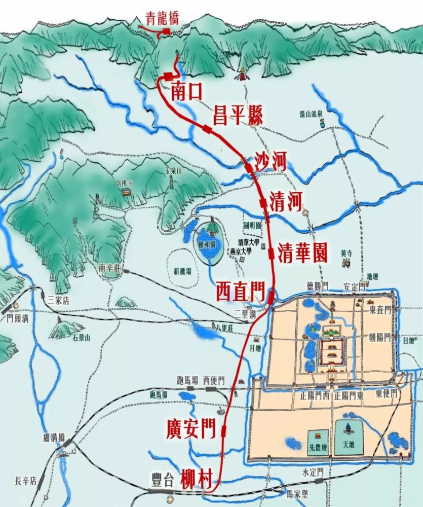 丰台柳村-南口段线路图. 京张铁路首段工程地处平原.