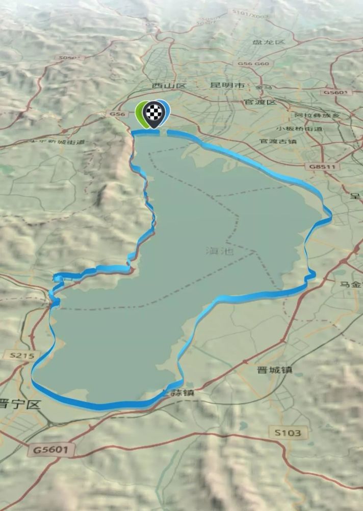 环滇池里程100km,累计爬升970m,平均坡度0.081%,海拔落差127m