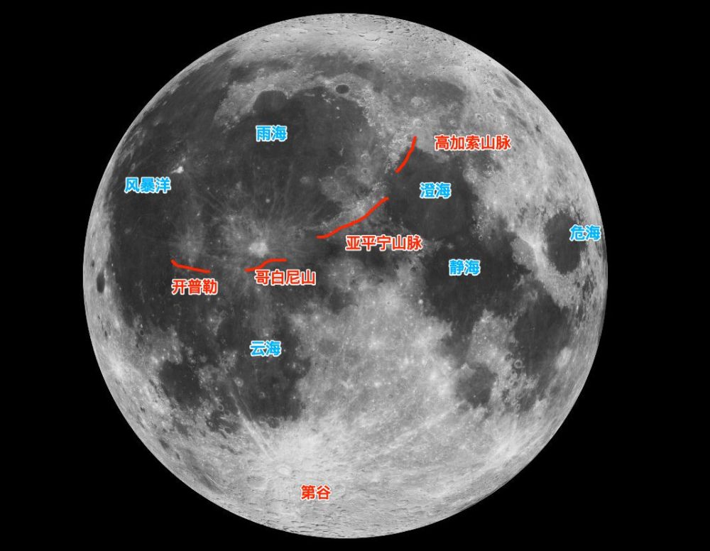 下图是非常经典的月球正面地图,建议保存,下次观月时用.