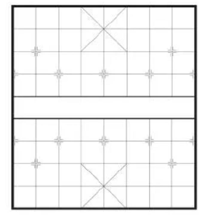 (一)棋盘 象棋的棋盘是由形式完全相同的两部分组成的,每方有五条横线