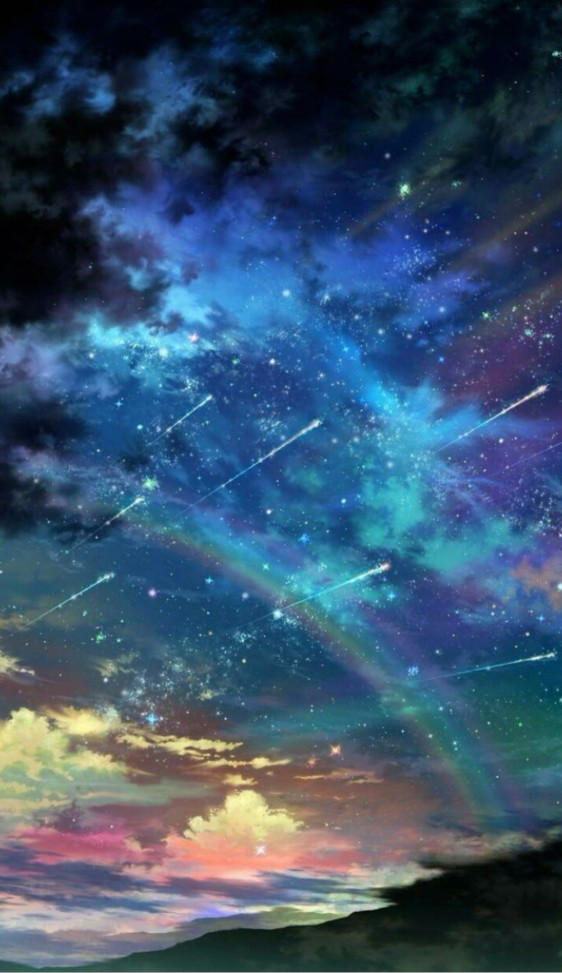这张壁纸也很漂亮,天空挂着彩虹,几颗流星划过天空,远处有烧红的云朵