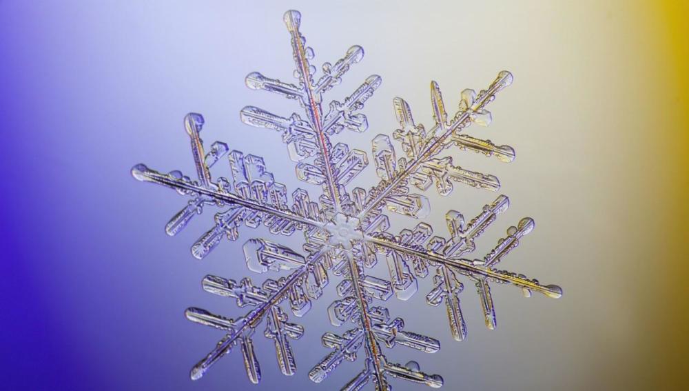 显微镜下的六面星的形状的雪花