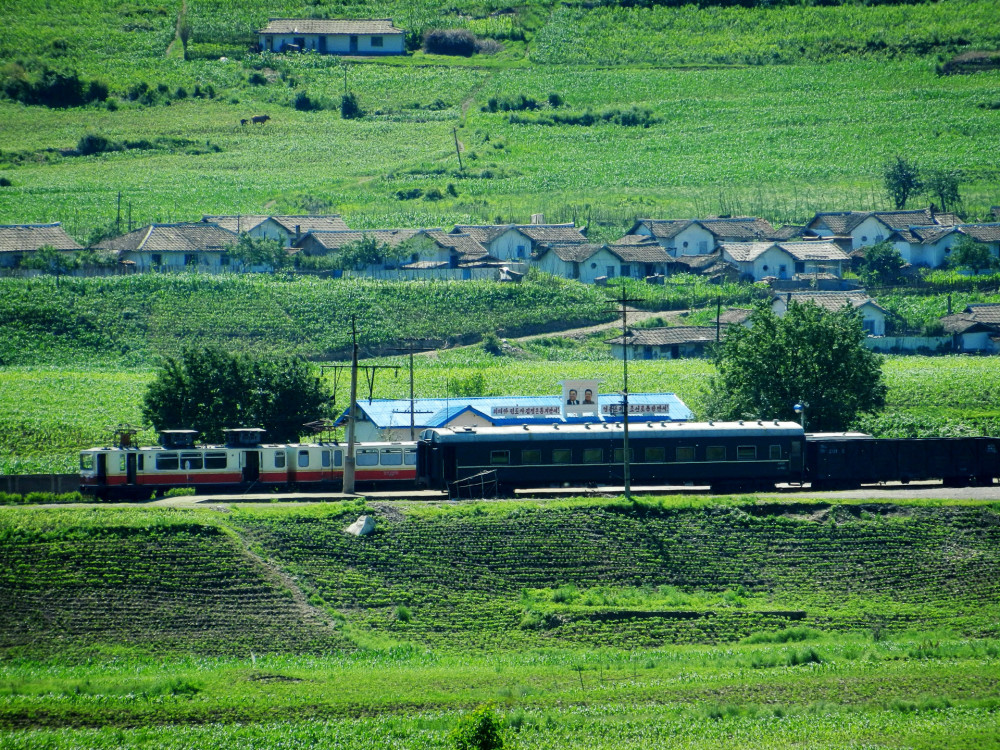 图为朝鲜田园风景,绿皮列车行驶在田野里,房屋整齐低散落在田野里.
