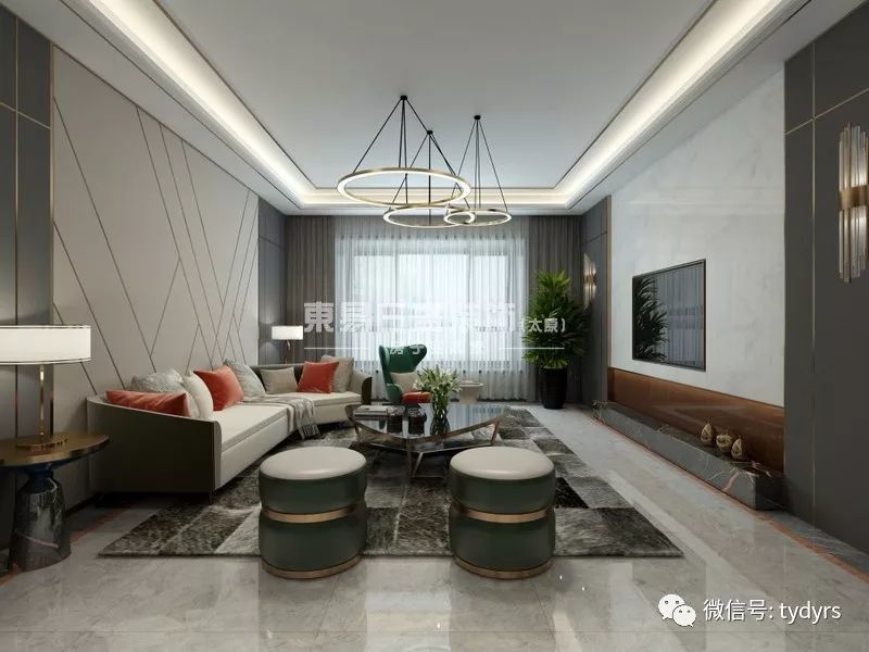顶面用金属线条取代传统的石膏线条来融入吊顶内,既时尚又别致,同时还