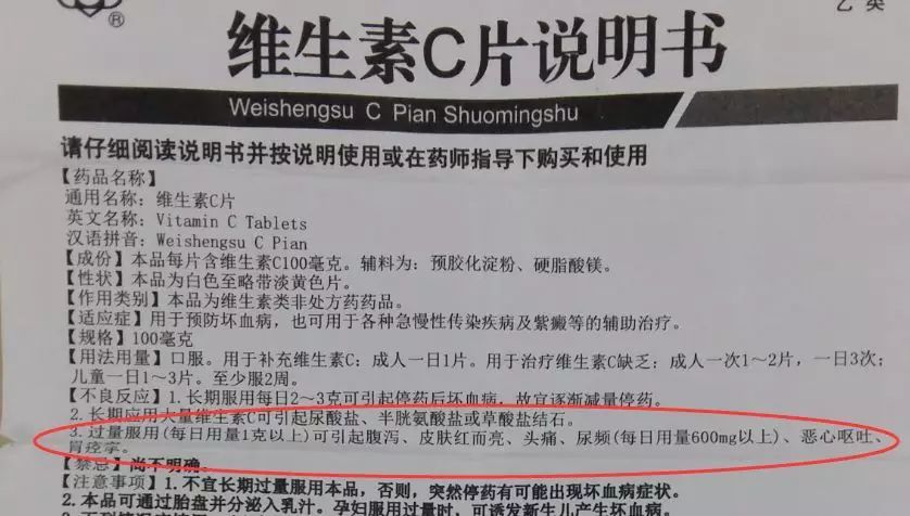 维生素c片说明书指出,每日用量1000mg以上,可引起腹泻,皮肤红亮,头痛