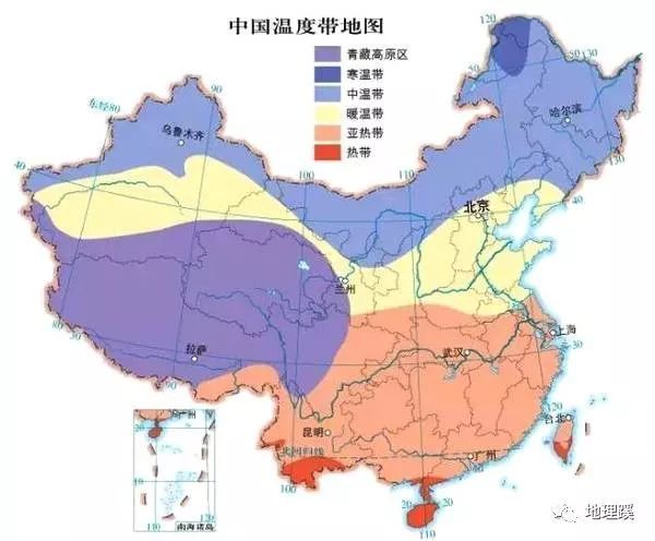 1,知道中国的温度带划分依据:参考活动积温和农作物生产.
