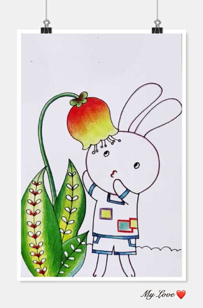 细腻彩铅画——花朵下的小兔子