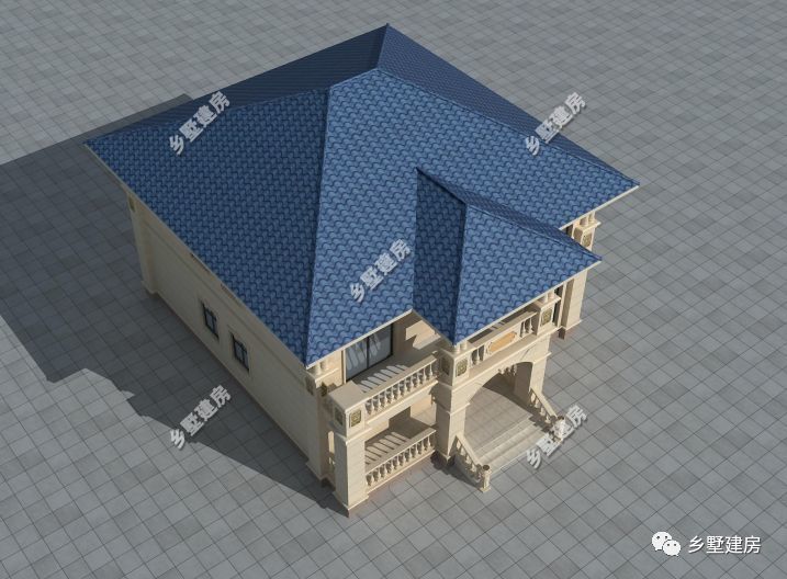 别墅立面图:蓝色坡屋顶错落有致,熠熠生辉.