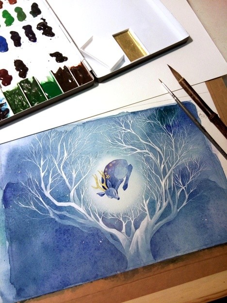 水彩插画:漂亮的梅花鹿