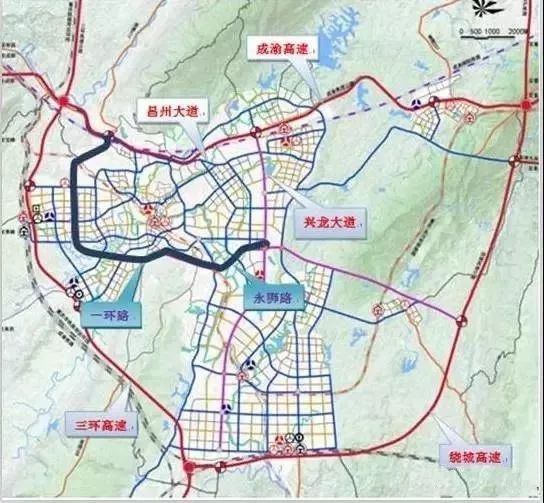 与城西,城南片区至西三环道路相连,形成了畅通的区域交通网络,是永川