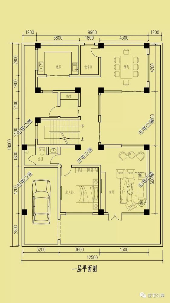 封闭式车库 大露台 廊院,12×18米三层农村住宅