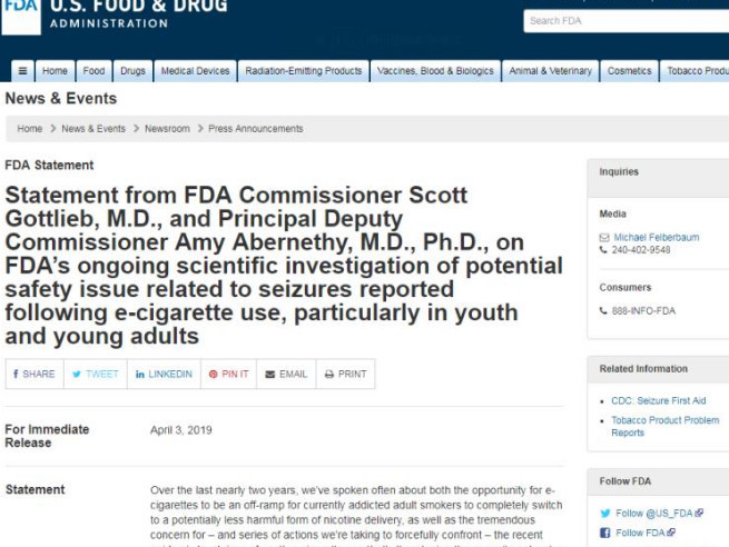 Fda警告 电子烟可能导致癫痫发作 电子烟这次真的要凉了 看点快报