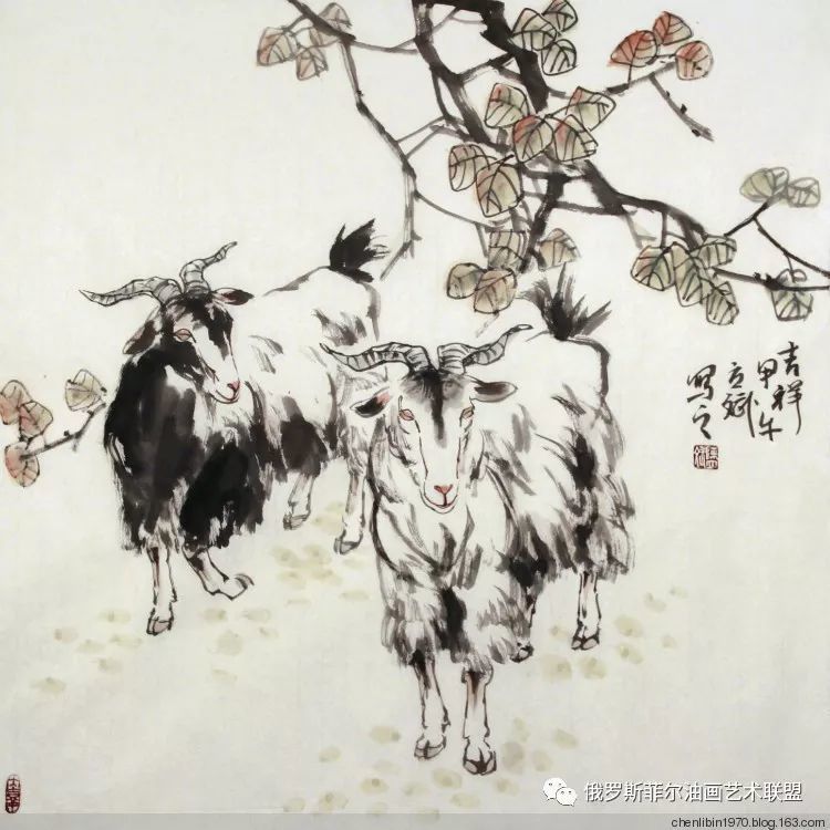 中国画家陈立斌画羊国画作品欣赏一