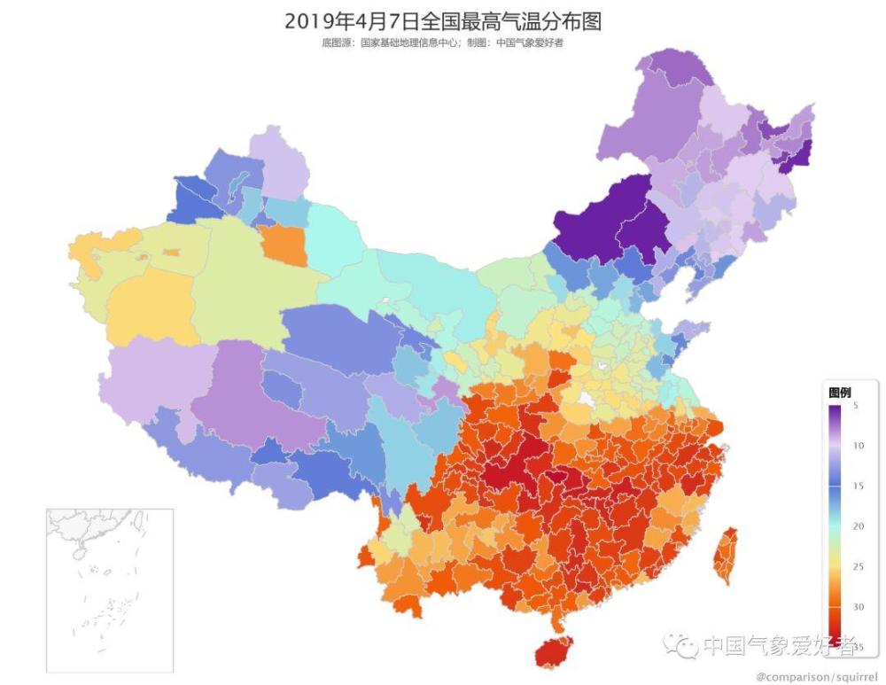 4月7日全国最高气温分布图,可见南方一片火红,温度普遍接近甚至超过30