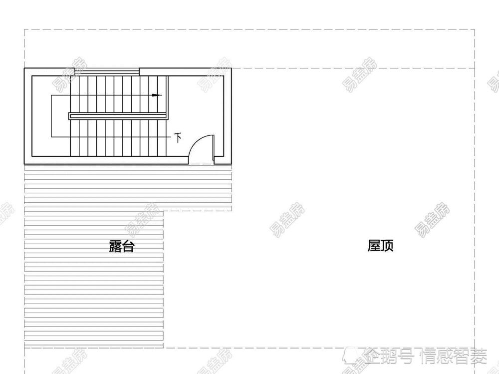 屋顶平面图 屋顶: 楼梯通往屋顶,使部分屋顶能得到利用,露台可以观景