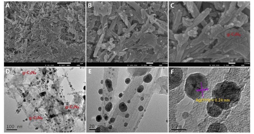 ag-agvo3/g-c3n4(d-f)的扫描电镜照片(a-c)和透射电镜照片.