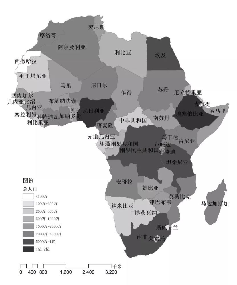 2017年非洲国家人口分布图