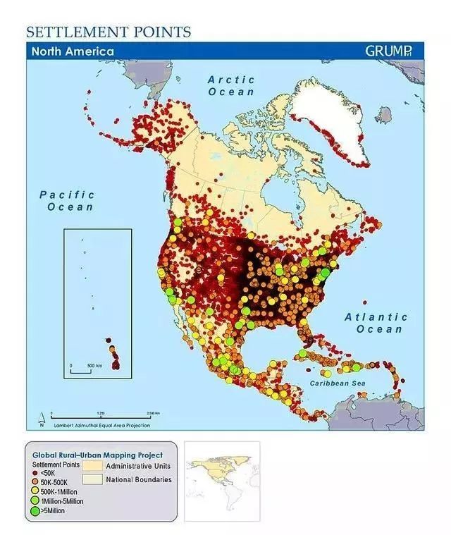 各地区的人类定居点地图,中国的定居点数量多而又大