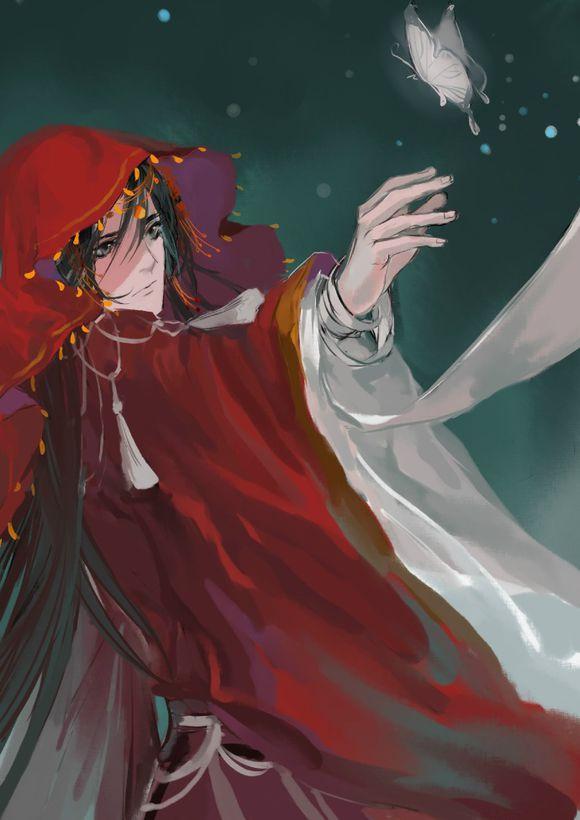 《天官赐福》高清漫画:谢怜穿女装抓灵蝶的样子,好美!