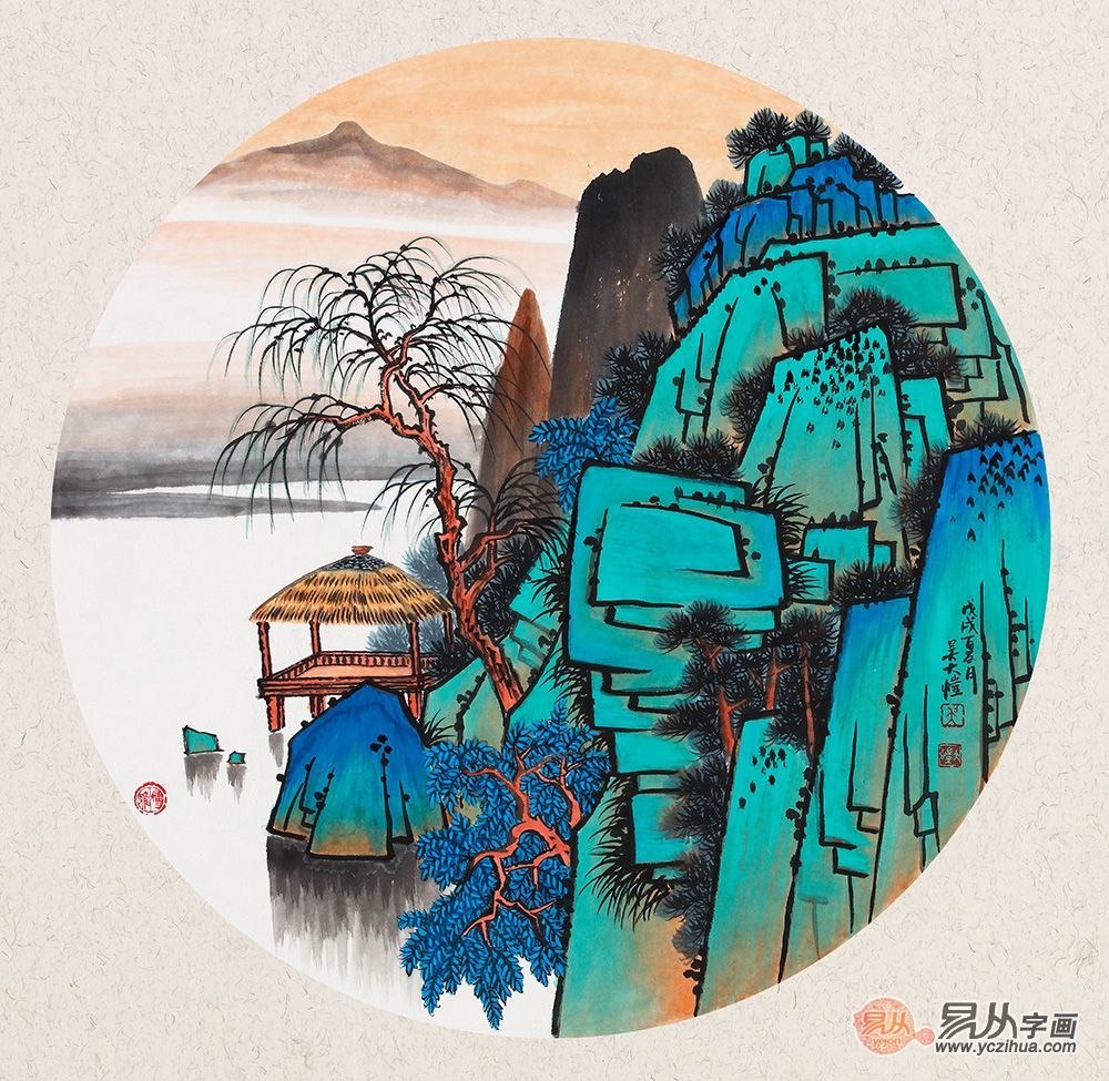 名师手绘斗方山水画,简洁更精妙