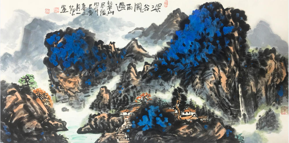 大写意泼彩山水画《深谷风雨遇》