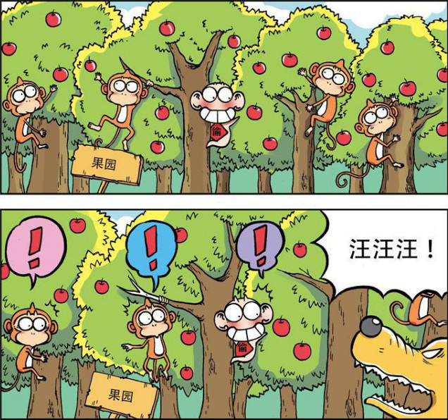 呆头和猴子跑到公园里偷摘果子被守卫狗看到!
