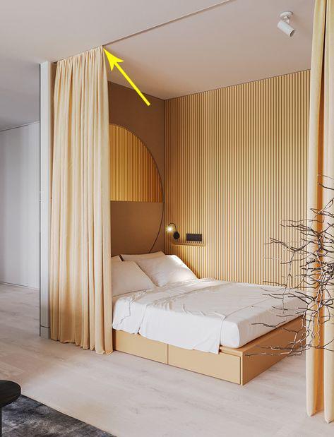 而在天花板装凹槽窗帘轨道,窗帘轨道直接和天花板呈一个水平线,隐藏性