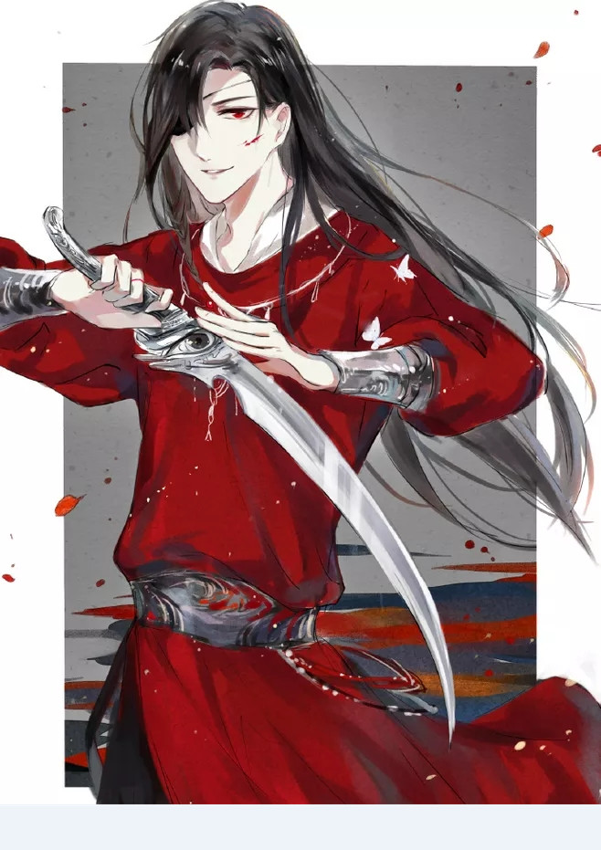 《天官赐福》古风动漫,花城穿一身红装,拿着弯刀厄命