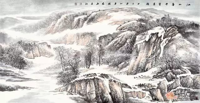 雪景山水画 李国胜四尺横幅山水画《江山暮雪赏素韵》