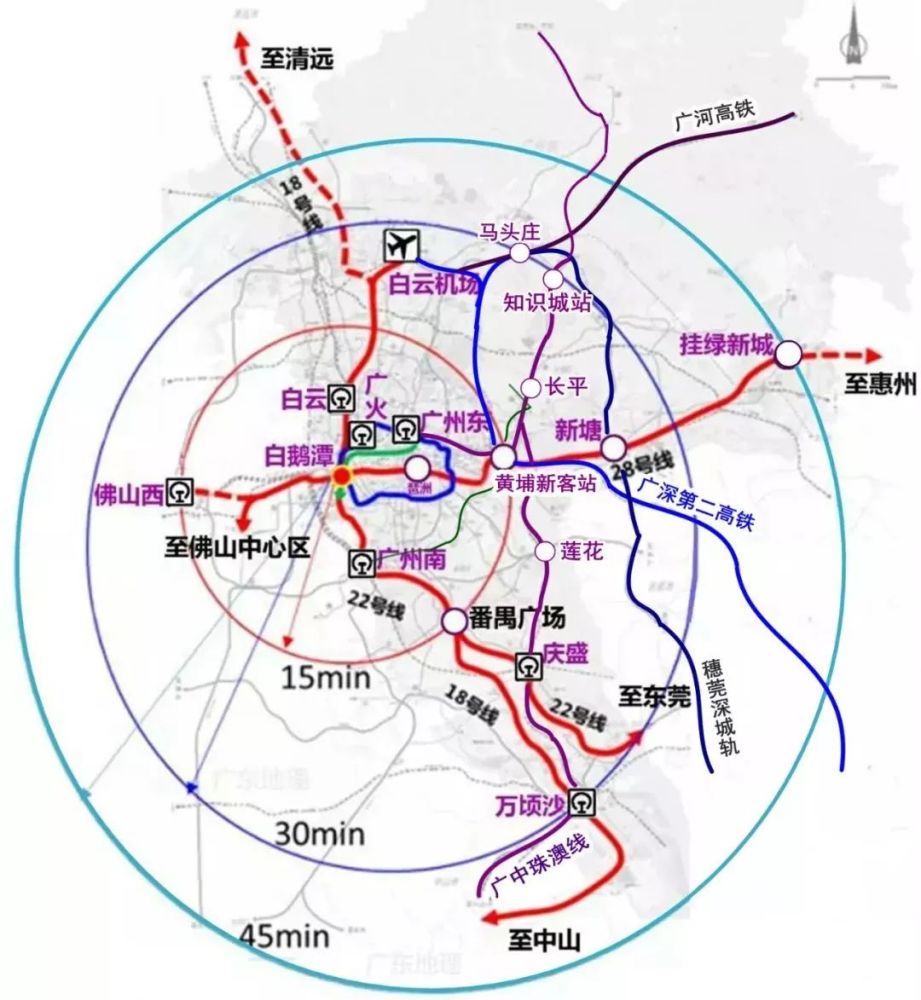 广州东站至广州站之间的联系,将东向的广河,广汕高铁引入中心城区