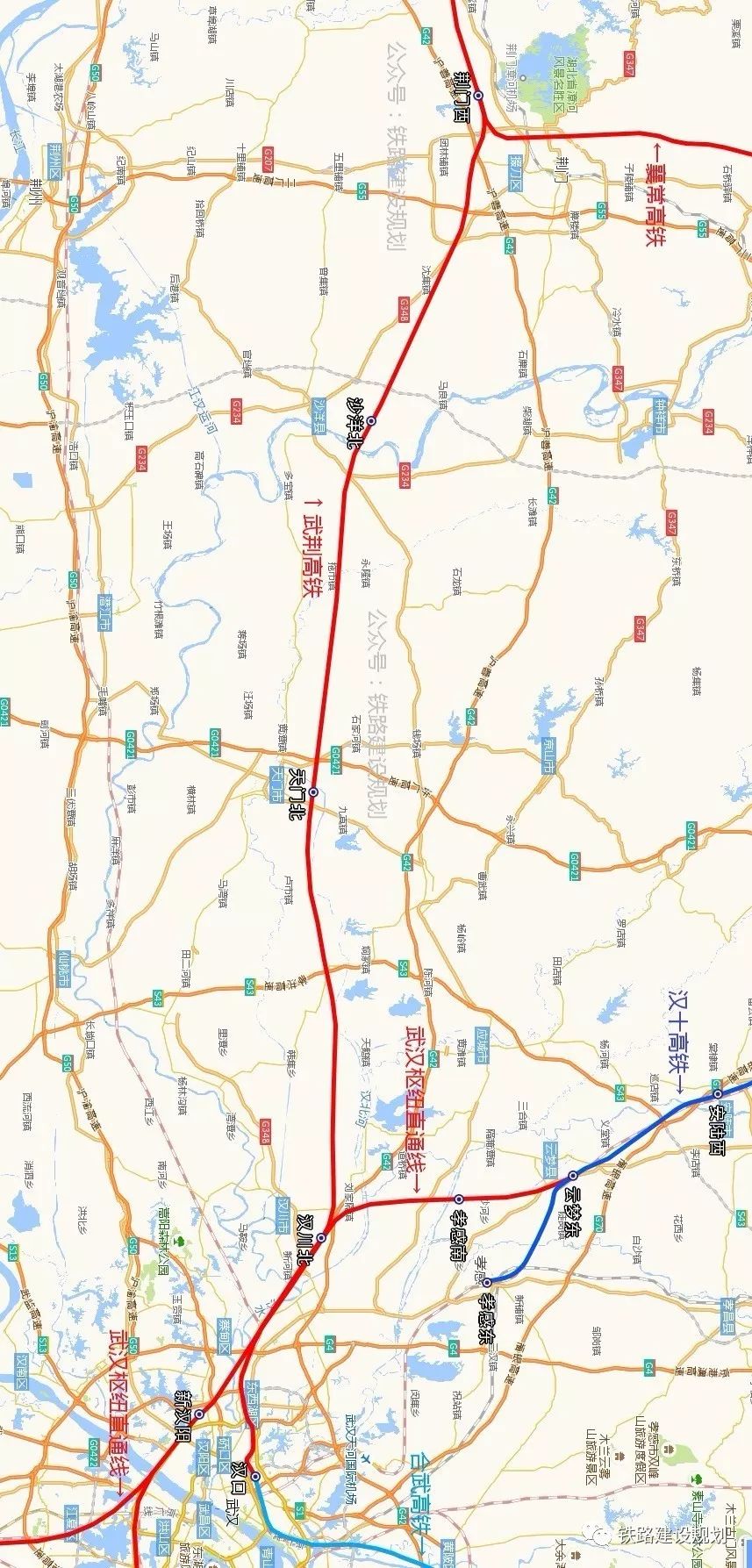 武汉至荆门铁路线路方案示意图