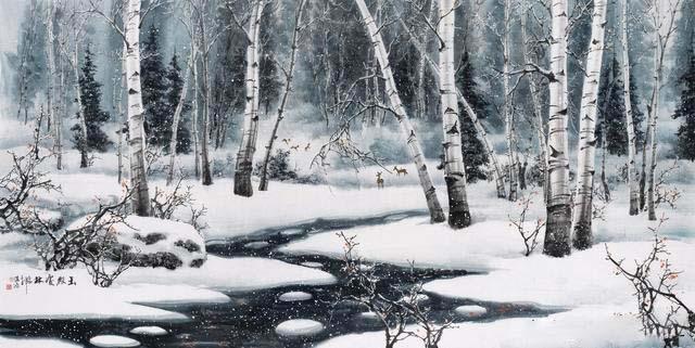 画家赵雅清创作白桦林雪景,雪白的世界更像是人间仙境