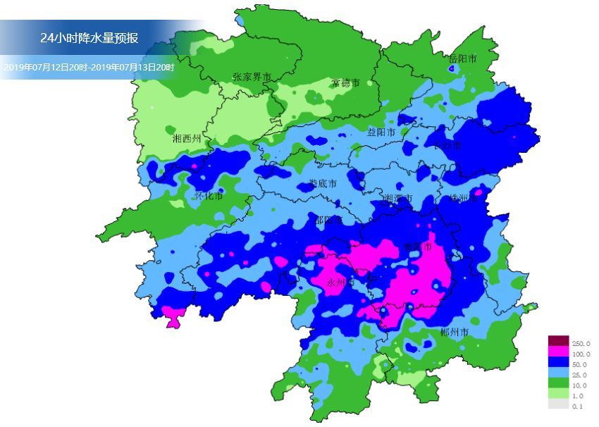 湖南省24小时降水量预报分布图 根据最新气象资料分析,7月12日开始我