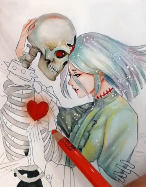 美术生手绘骷髅人,画上爱心之后,网友表示:真爱穿越了