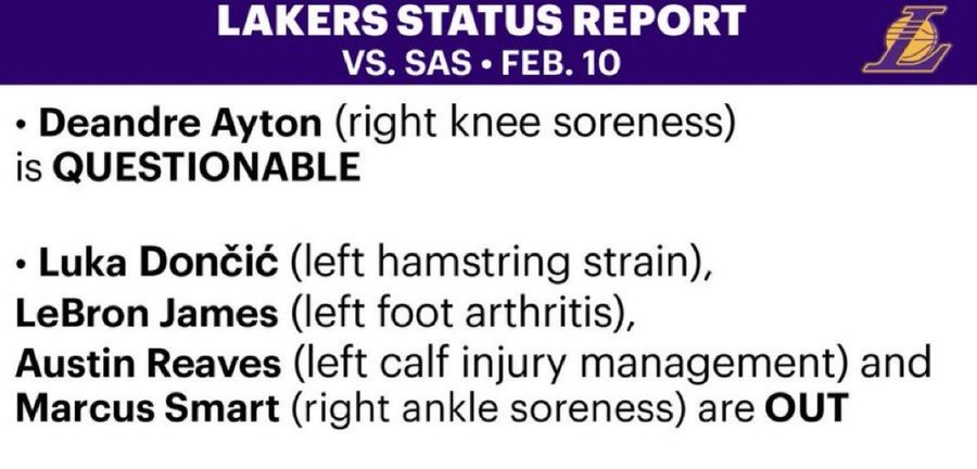 湖人預訂兩連敗？三巨頭全部休戰馬刺 詹皇無緣評獎盧卡有望周五復出 - 