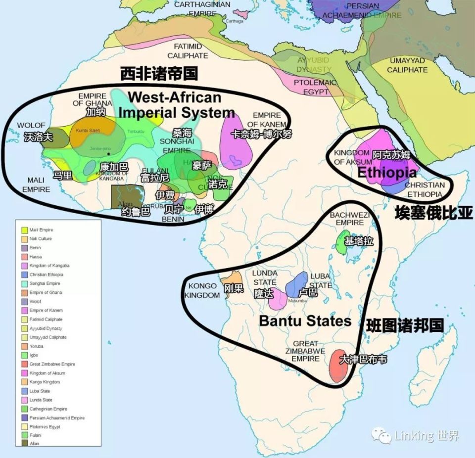 班图语言分布:非洲整个南半部除了西南角的卡拉哈里沙漠,开普地区