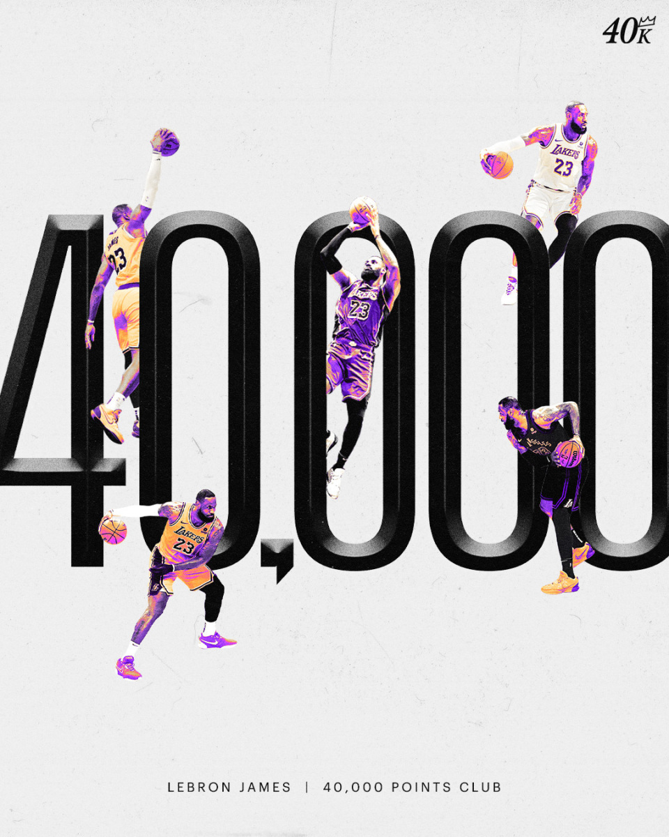 詹姆斯正式达成40000分对阵掘金赛前,詹姆斯总得分为39991分,距离