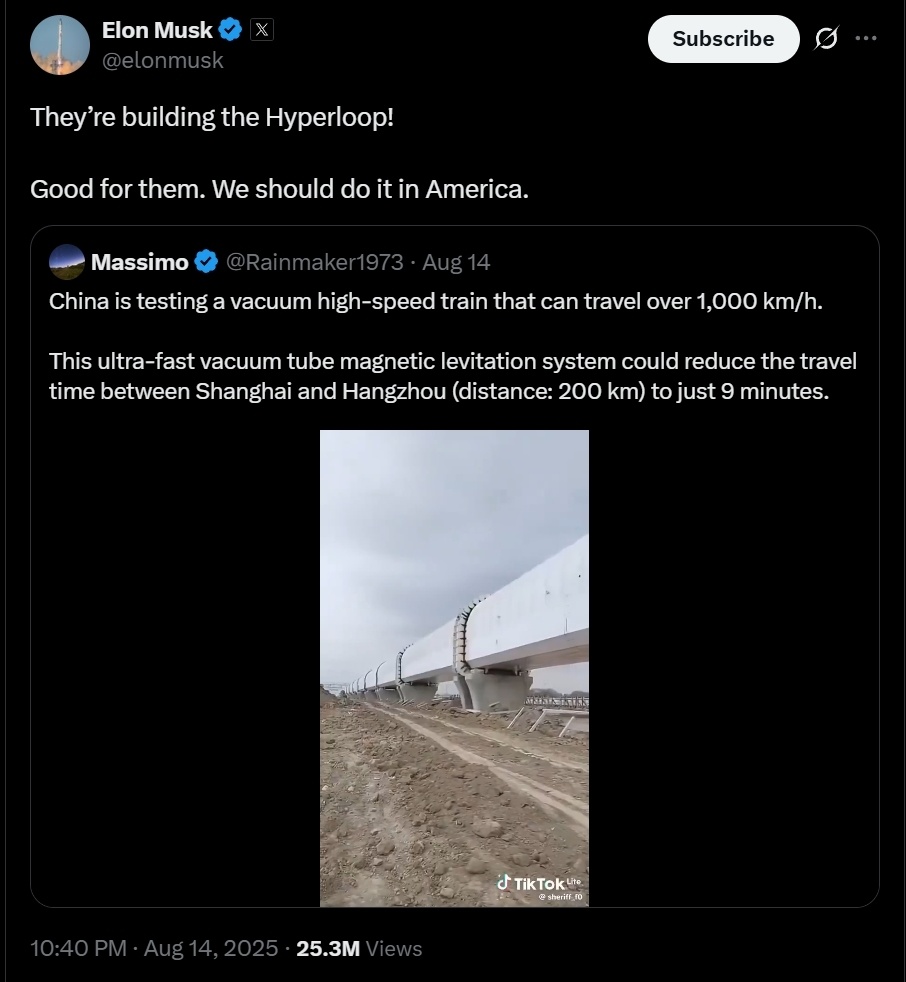 马斯克转发中国真空管道磁悬浮测试视频，称美国也应跟进，网友：美国正忙于税收游戏-腾讯新闻