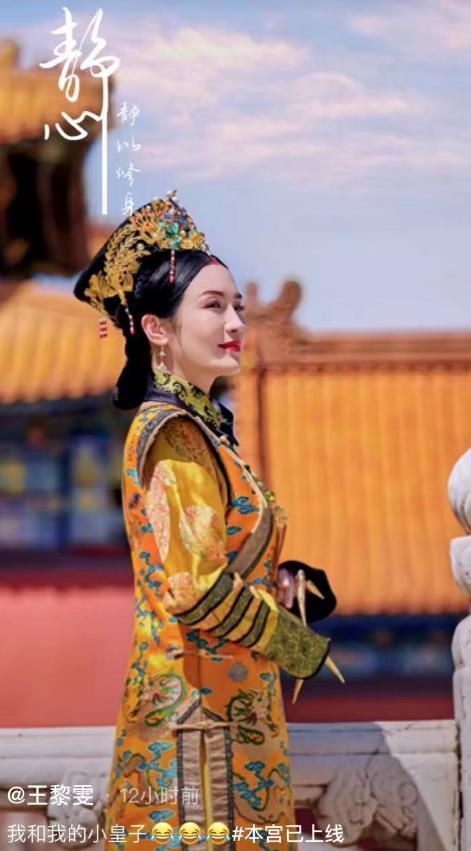 晒出的照片中,王黎雯梳着古装发髻,穿上了漂亮的古装,一身装扮雍容
