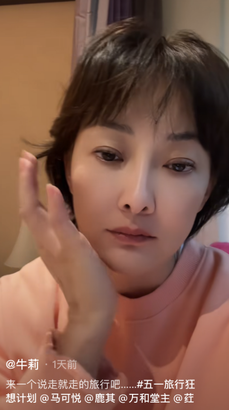 视频中,牛莉身穿减龄的宽松卫衣,搭配短发造型很显利落,加上滤镜的