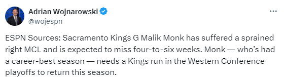 国王又遭打击蒙克右膝扭伤至少伤停46周被东契奇压伤太不幸