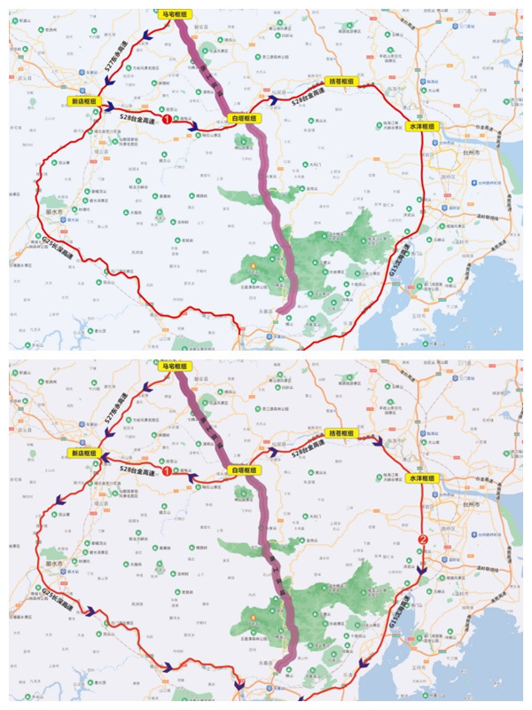 以下绕行路线推荐:杭州方向车辆-绕行线路①:仙居地区→s28台金高速