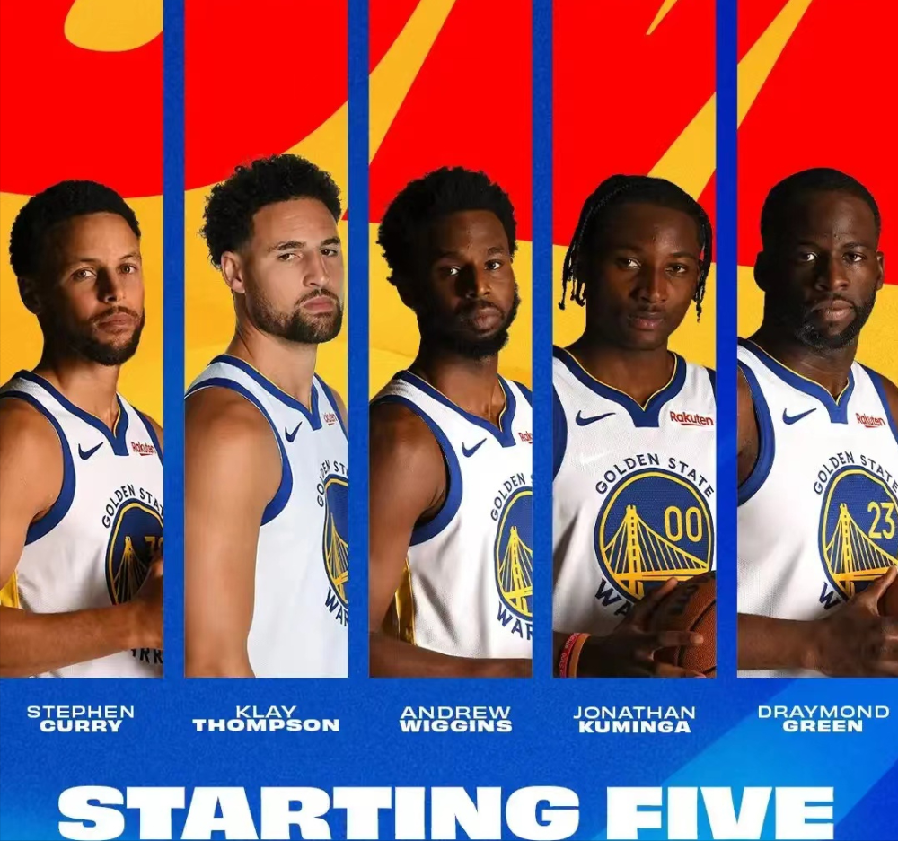 勇士队首发库里,维金斯,库明加,格林,克莱.